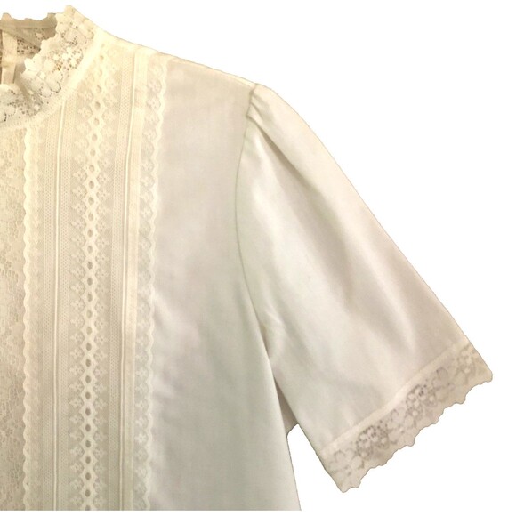 White Lace Victorian Blouse Womens M VTG High Neck Lace Detail Short Puff Sleeve - Picture 4 of 12